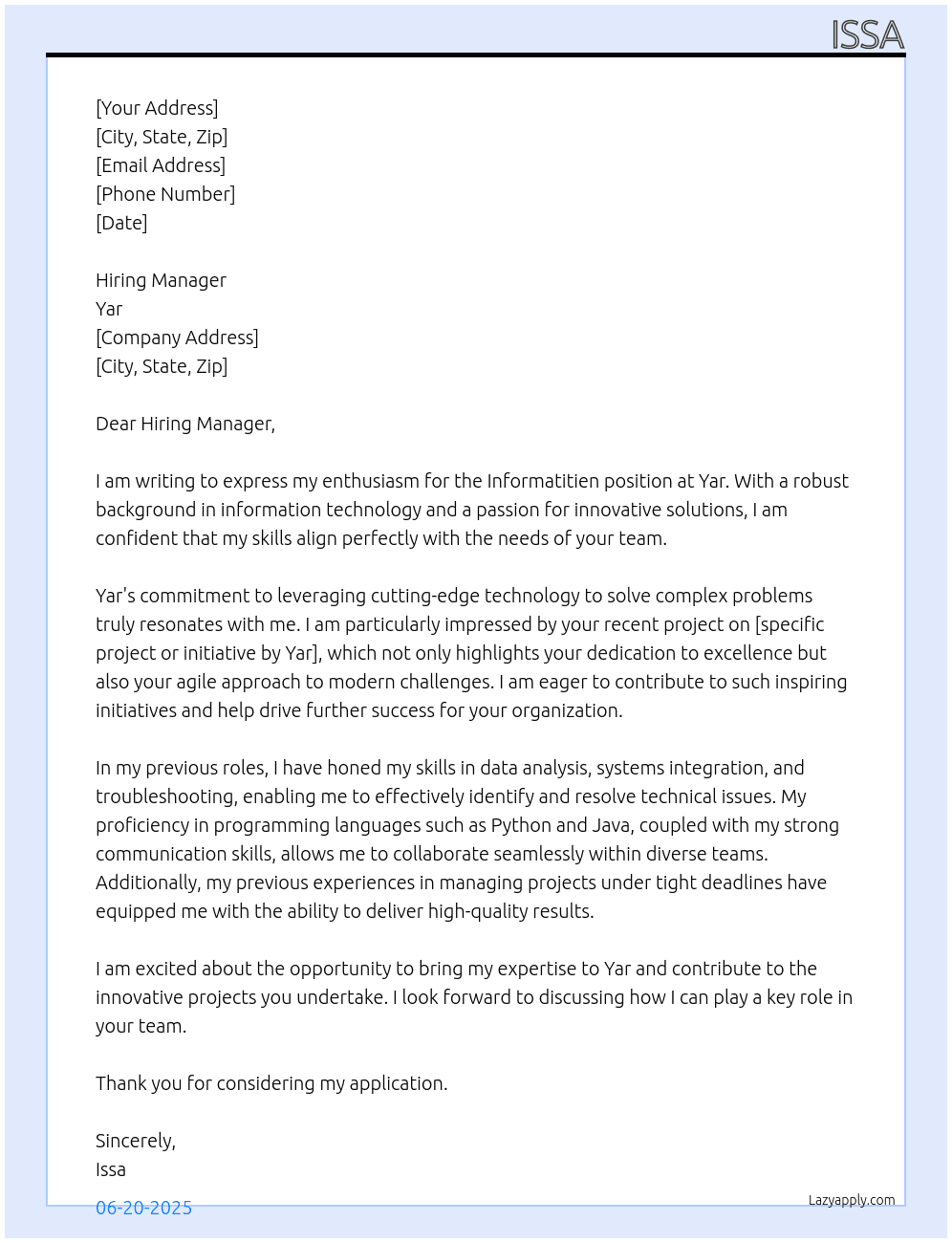 Cover letter for informatitien - LazyApply