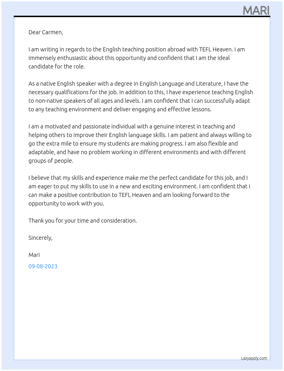english teacher abroad At TEFL Heaven Cover Letter