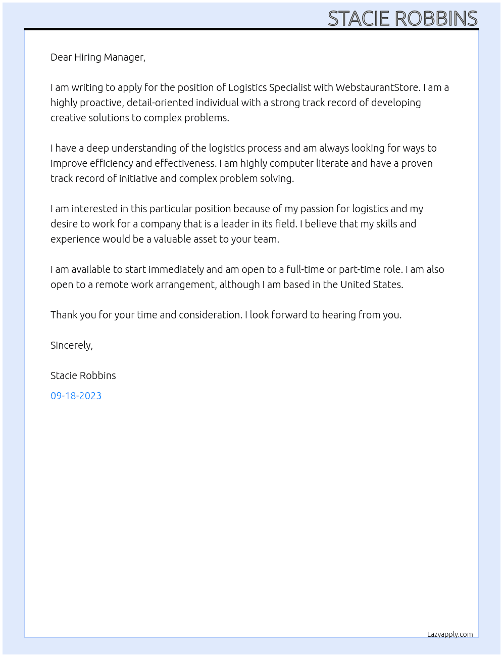 Logistics Specialist At WebstaurantStore Cover Letter