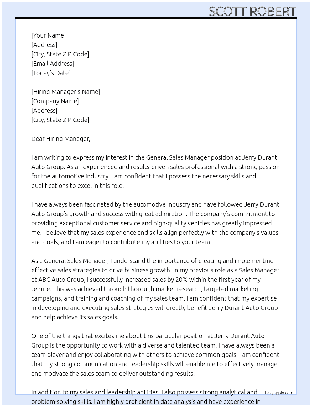 General Sales Manager At Jerry Durant Auto Group Cover Letter