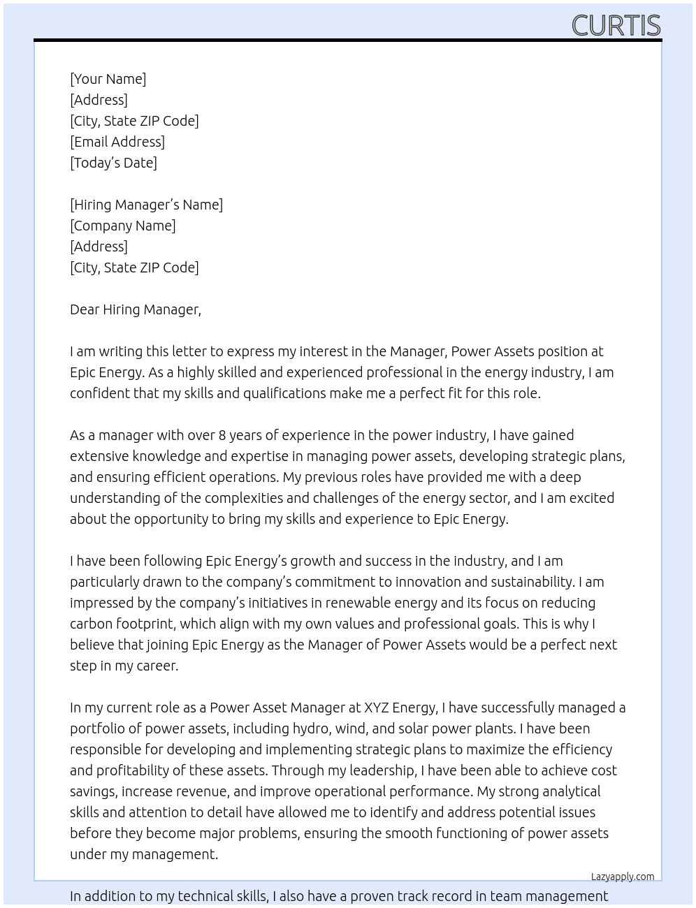 Manager, Power Assets At Epic Energy Cover Letter