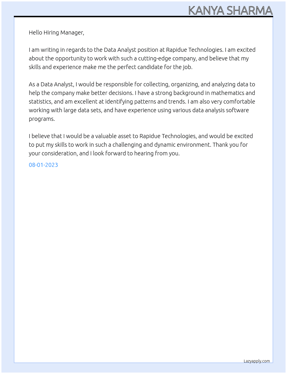 data analyst At rapidue technologies Cover Letter