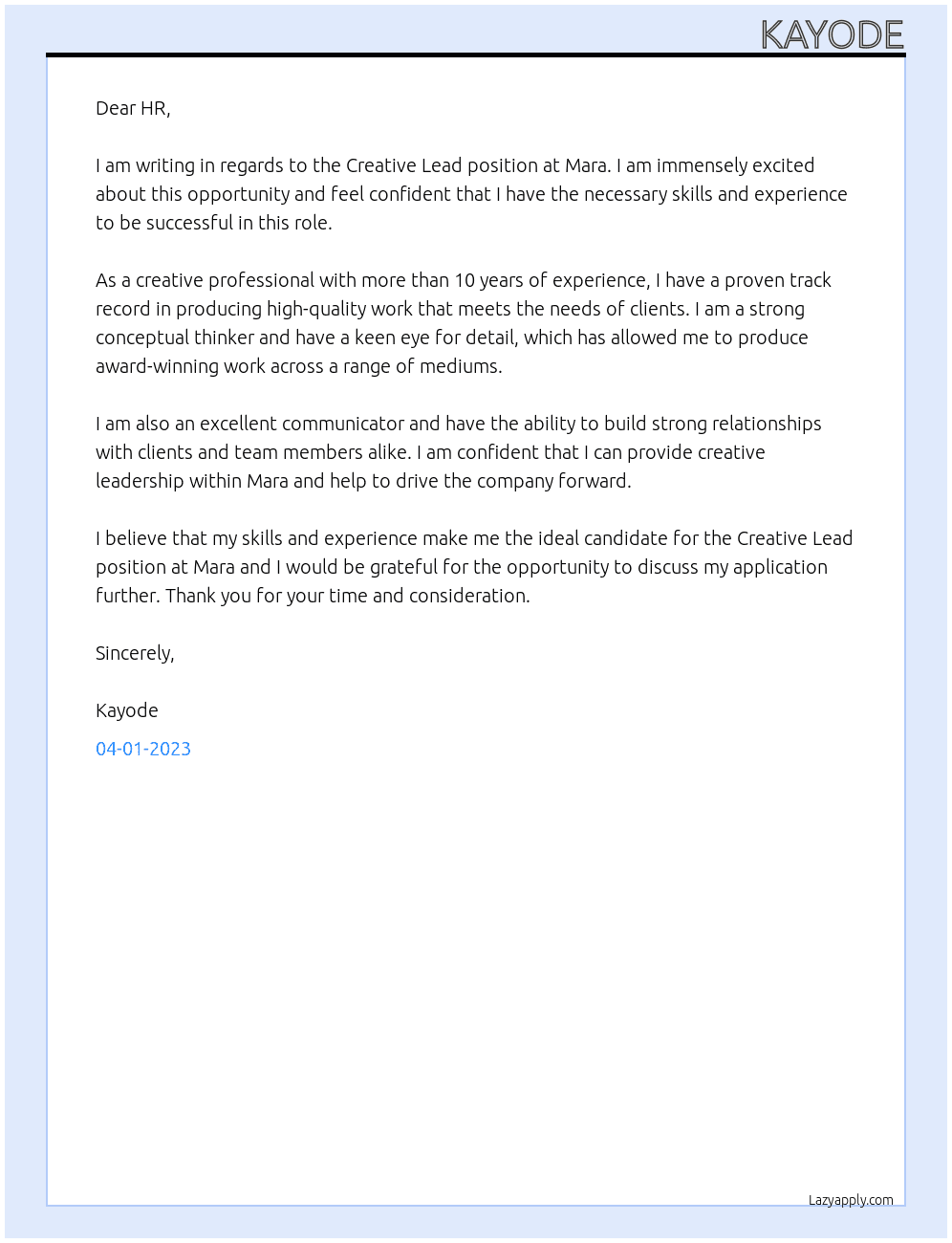Creative Lead At Mara Cover Letter
