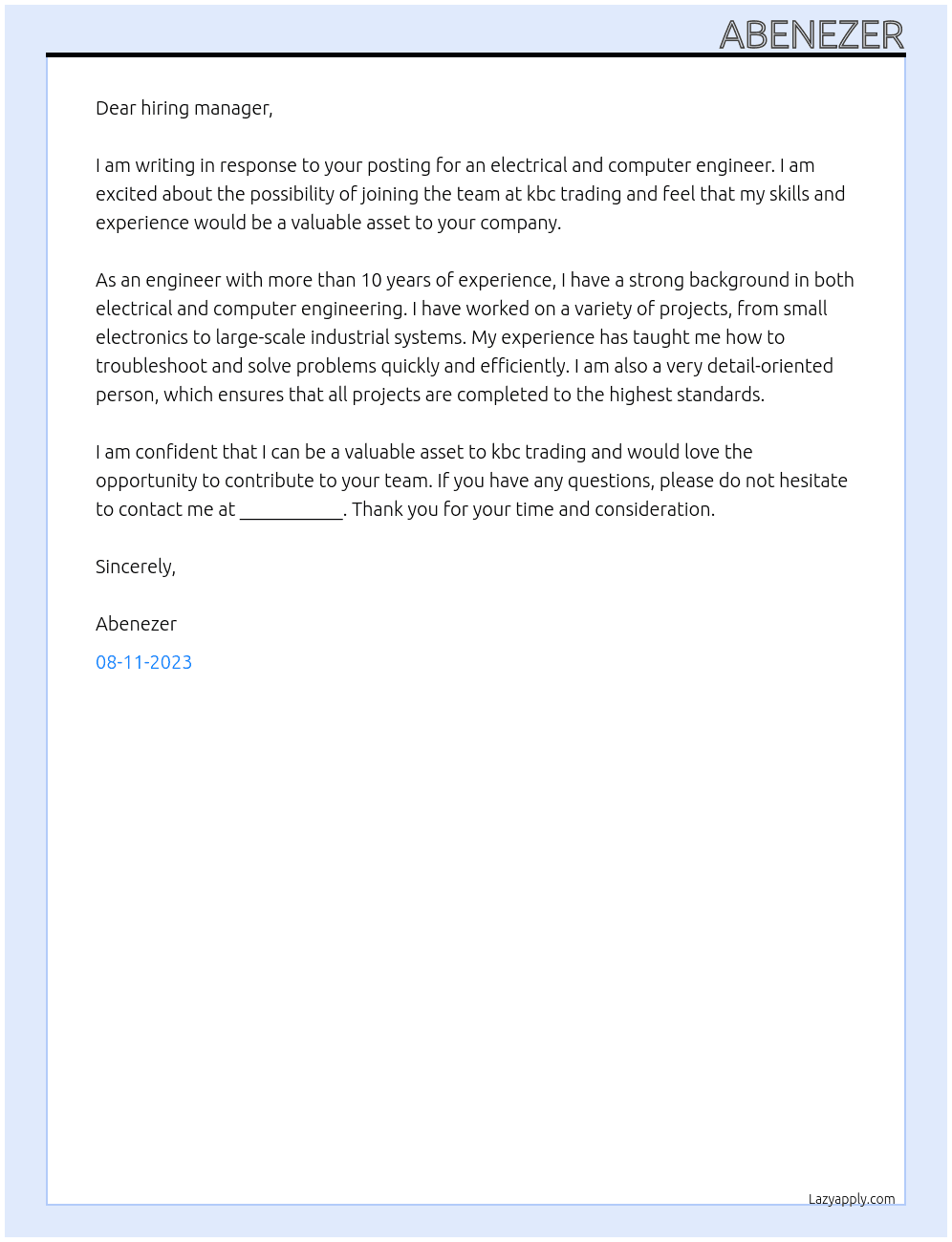 electrical and computer engineering At kbc trading Cover Letter