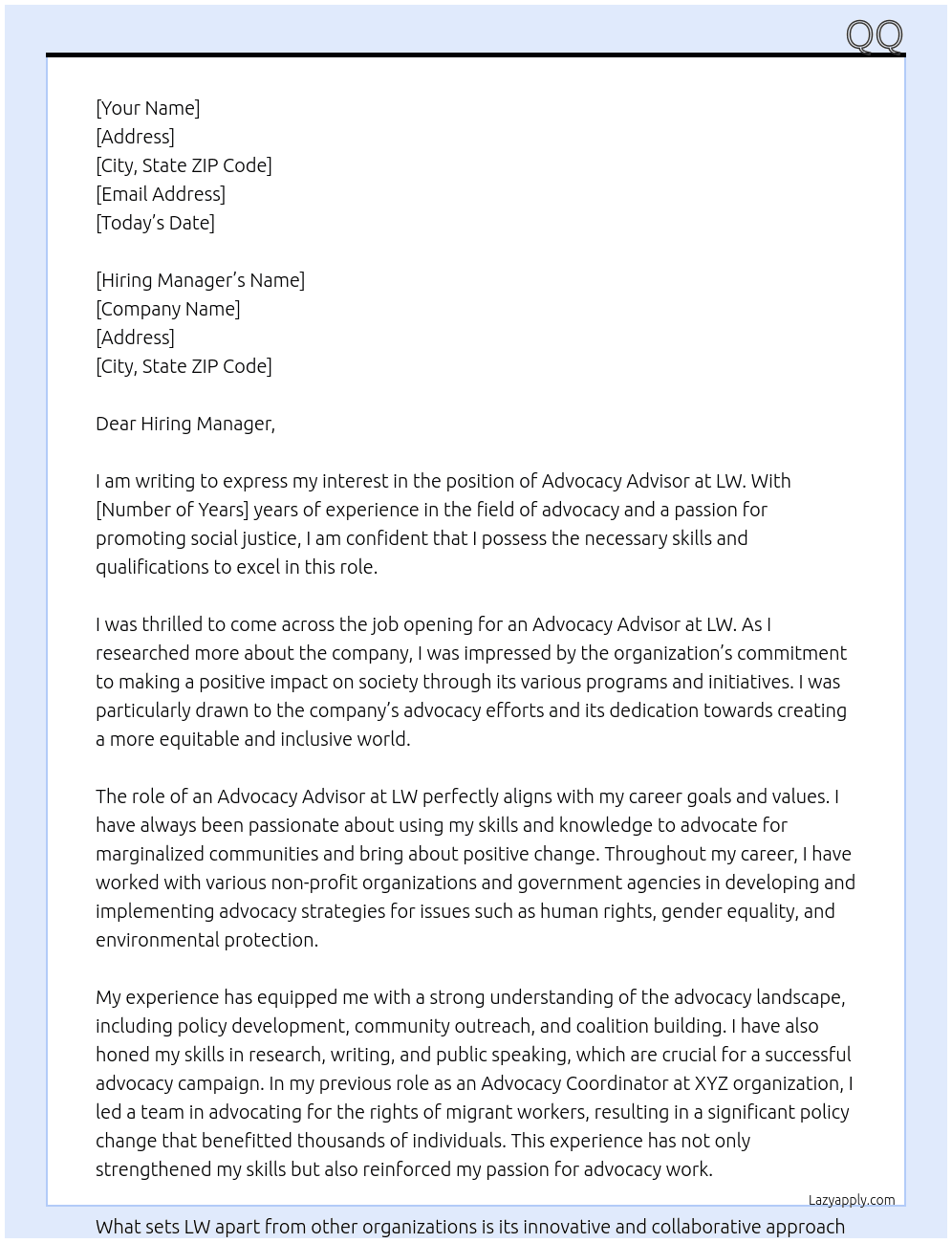advocacy advisor At lw Cover Letter
