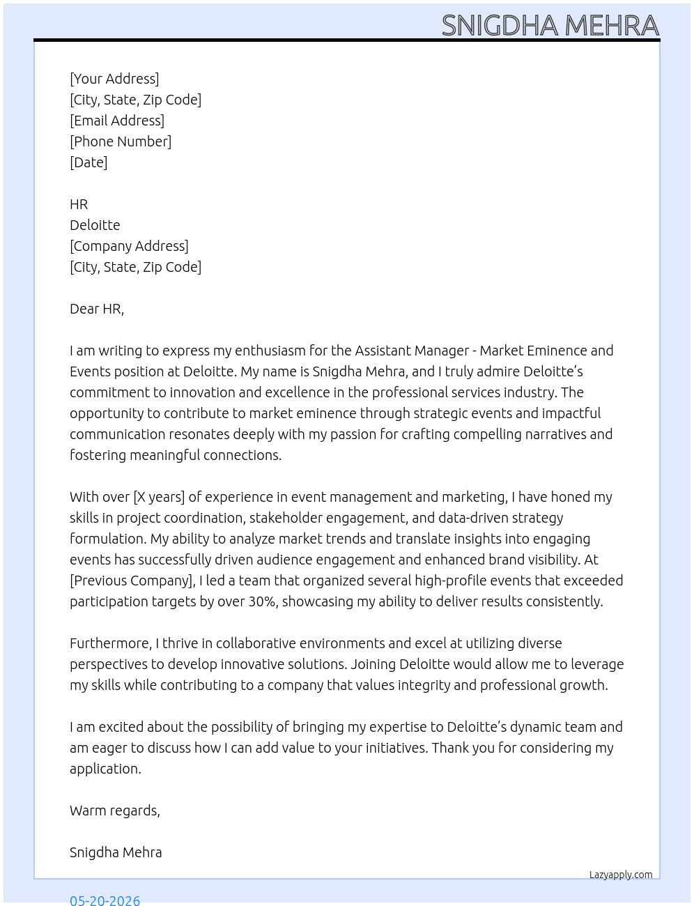 Cover letter for assistant manager - market eminence and events - LazyApply