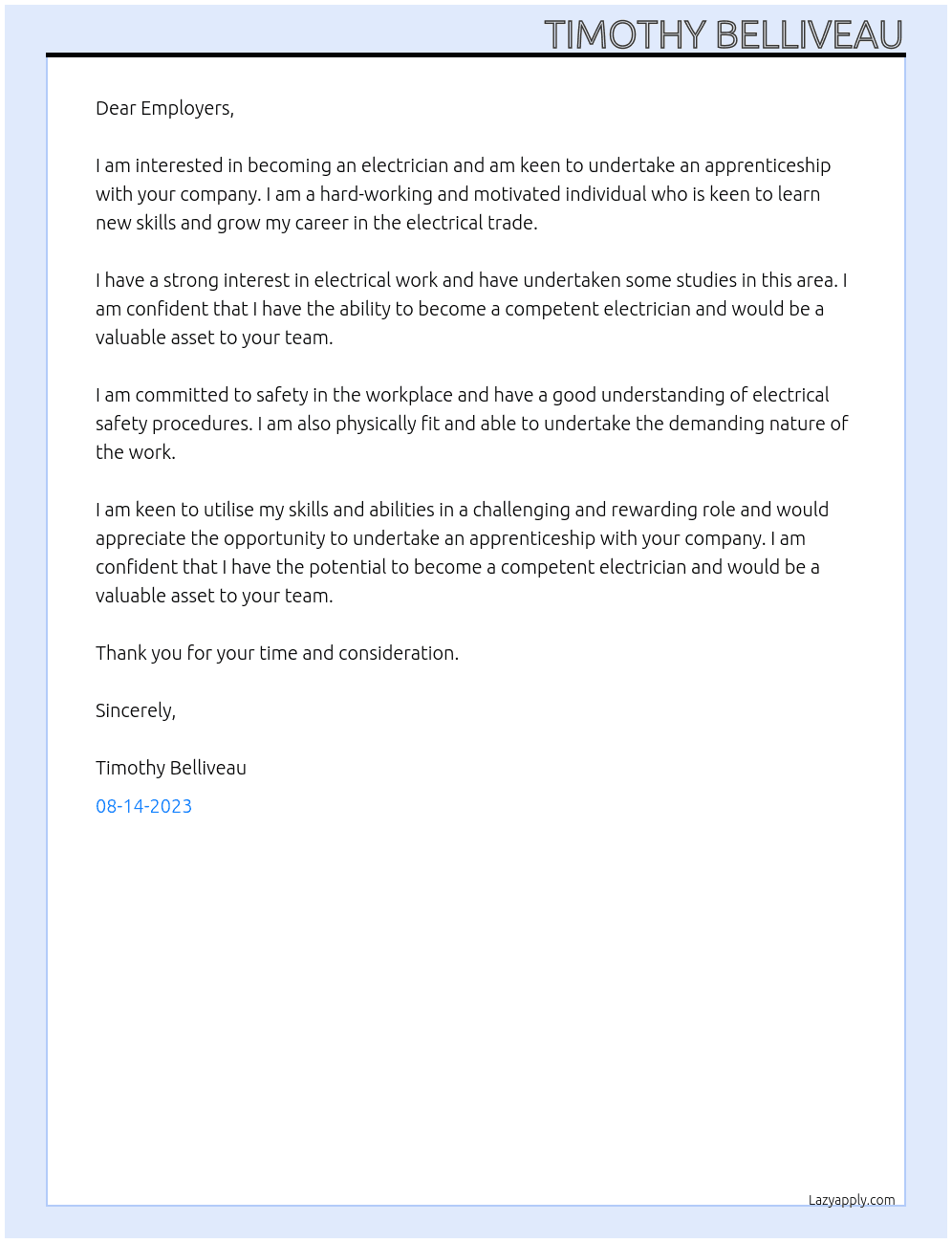 Electrician  At Employers Cover Letter