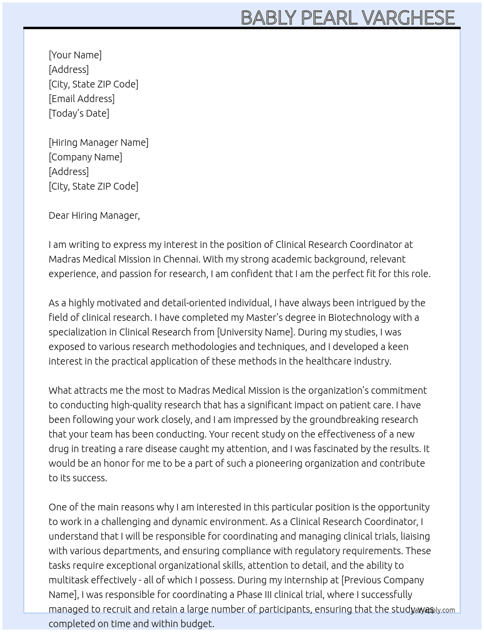 Clinical research coordinator  At Madras medical mission  Cover Letter