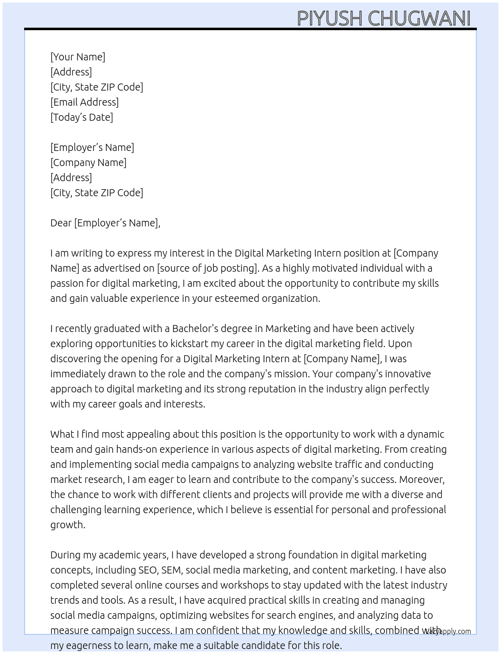 Digital marketing Intern  At Piyush Chugwani  Cover Letter