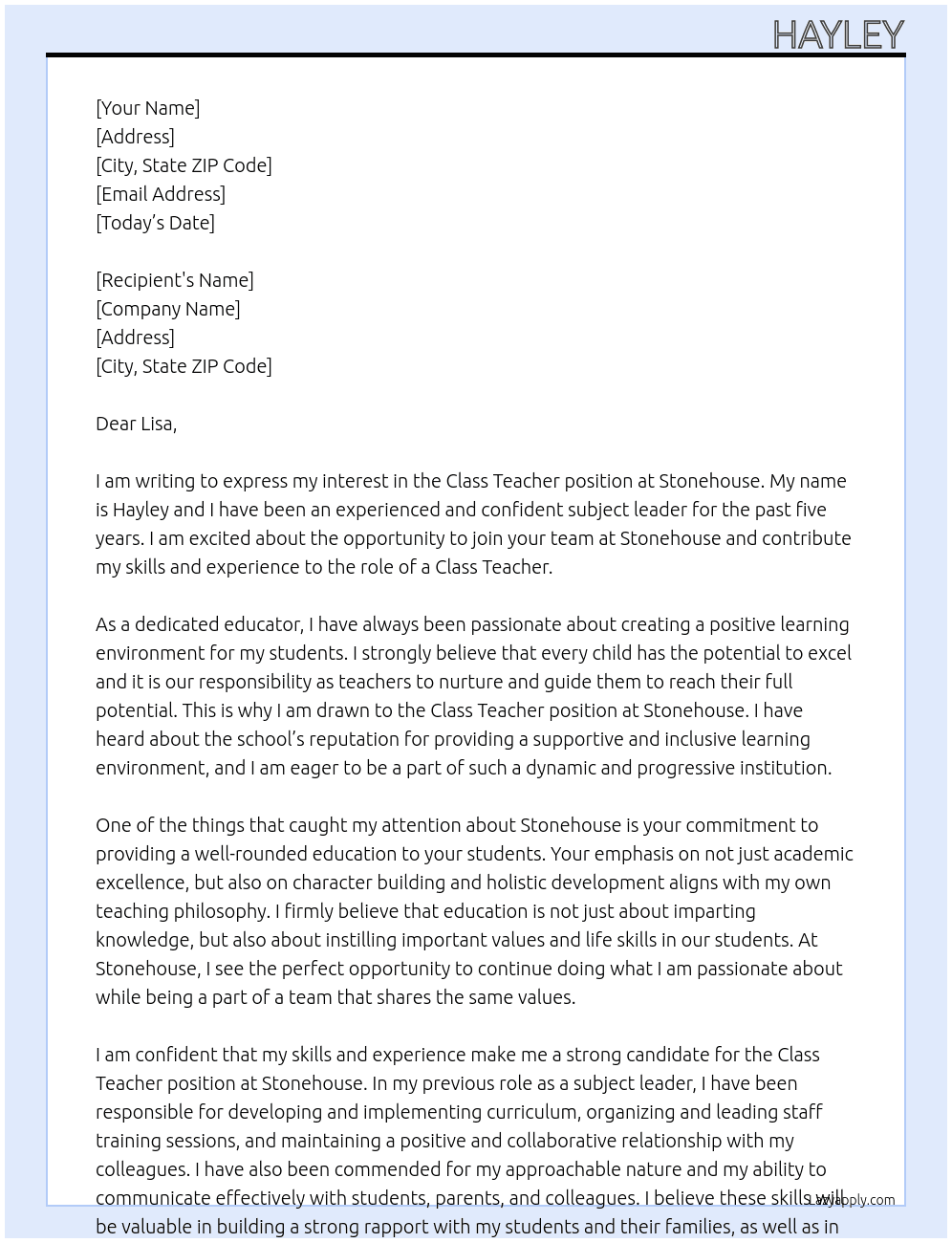 Class teacher At Stonehouse Cover Letter