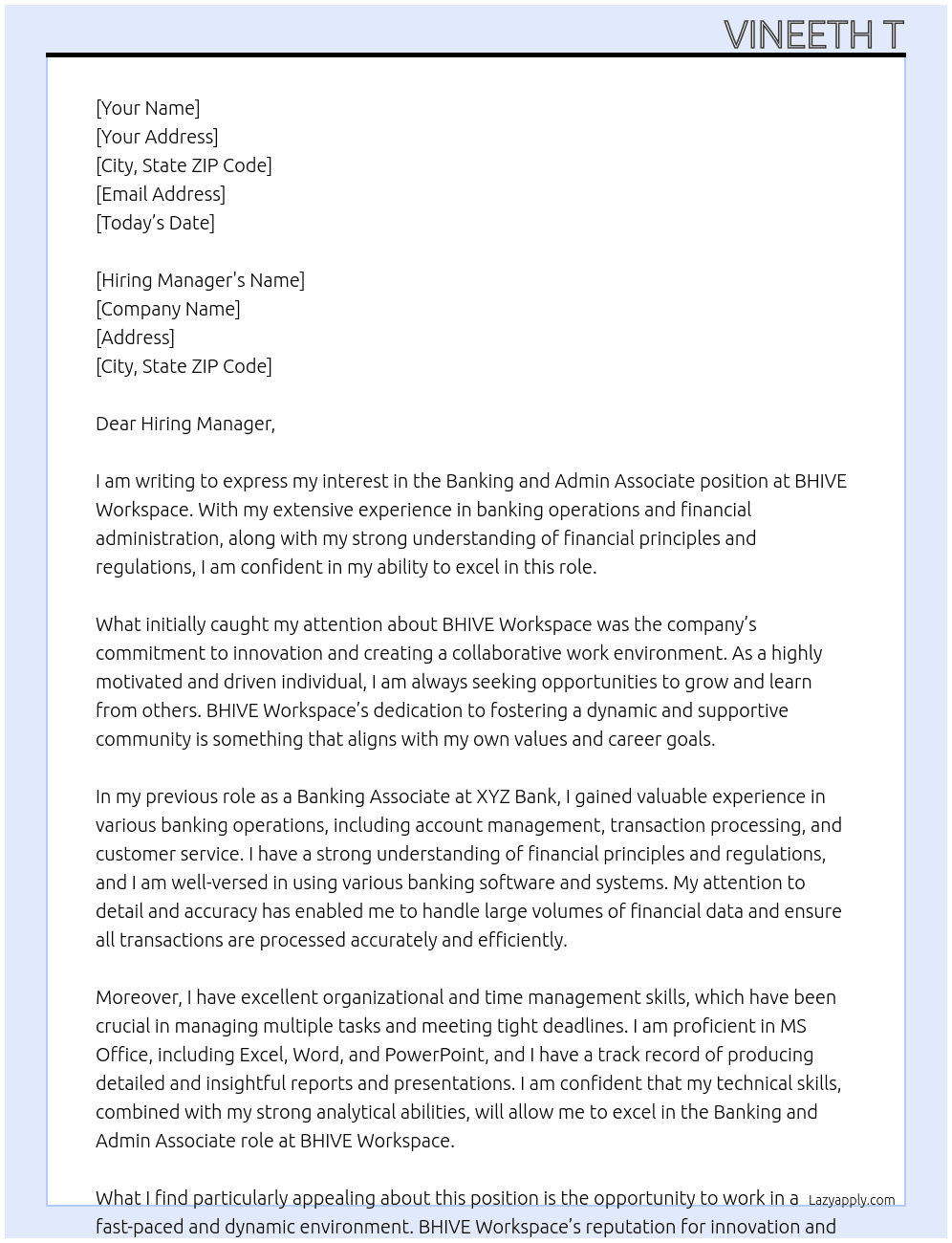 Banking and Admin Associate  At BHIVE Workspace Cover Letter