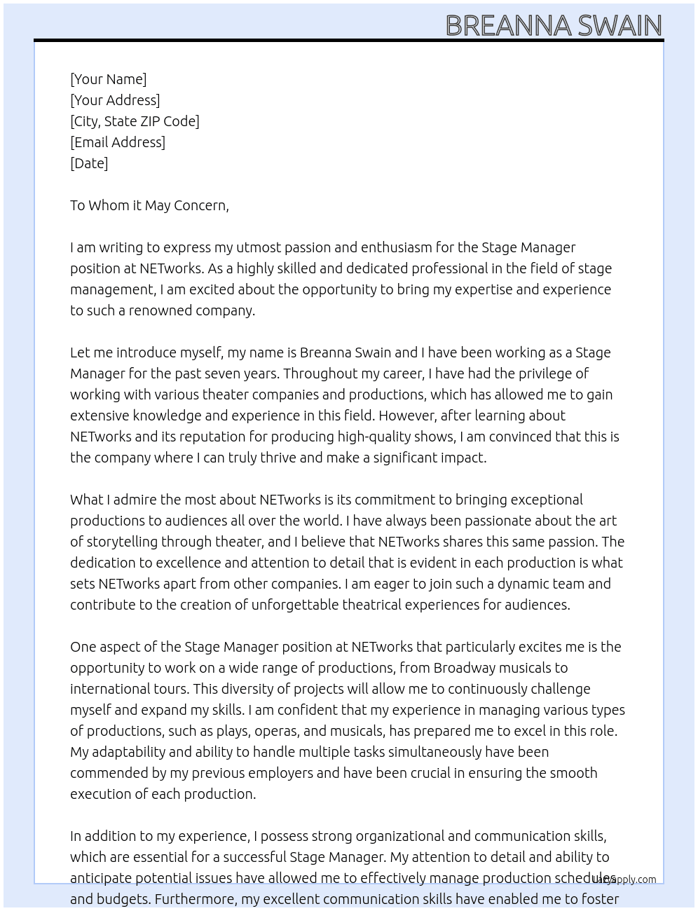 Stage Manager At NETworks Cover Letter