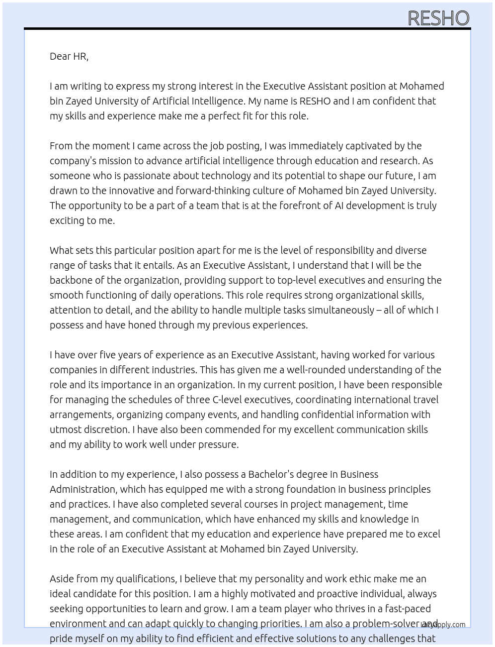 Executive Assistant At Mohamed bin Zayed  University of Artificial Intelligence Cover Letter