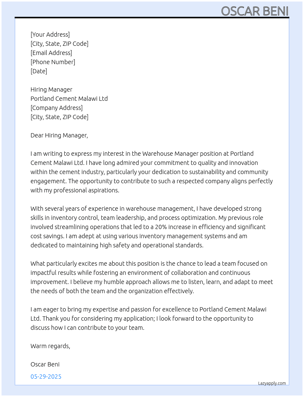 Warehouse manager  At Portland Cement Malawi Ltd Cover Letter