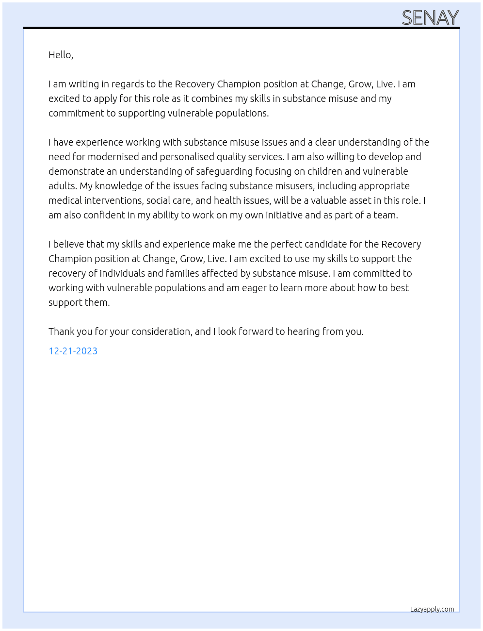 Recovery Champion  At Change, Grow, Live Cover Letter