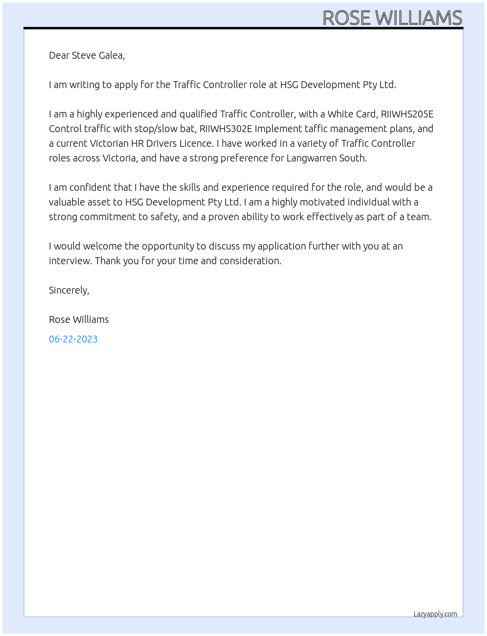 Traffic Controller At HSG Development Pty Ltd Cover Letter