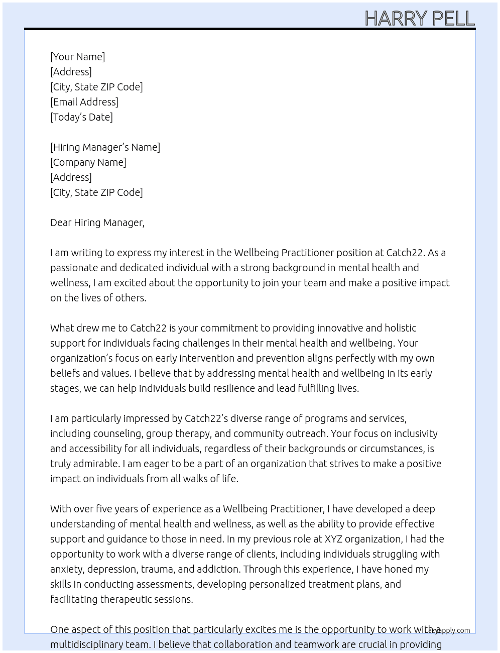Wellbeing practioner At Catch22 Cover Letter