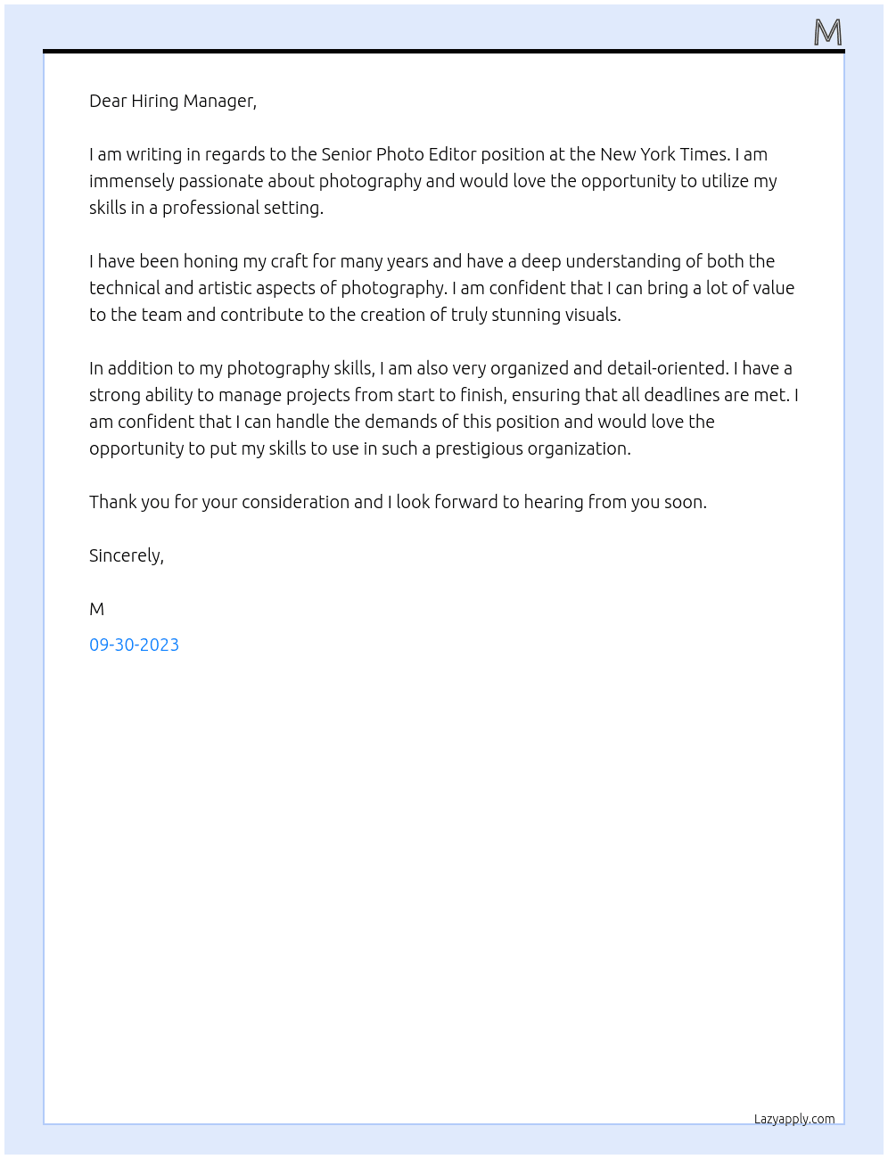 Senior Photo Editor At New York Times Cover Letter