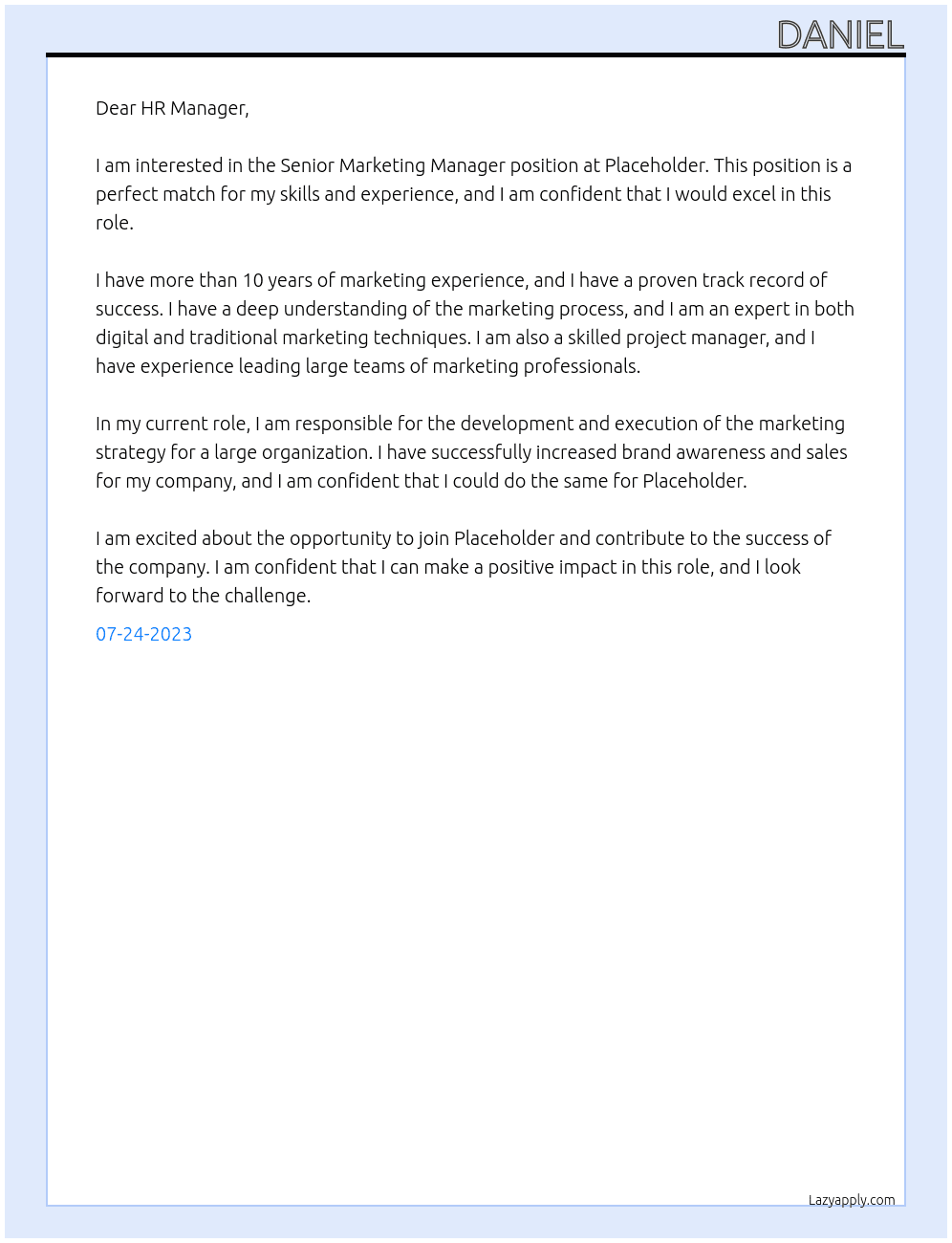 Senior Marketing Manager At Placeholder Cover Letter
