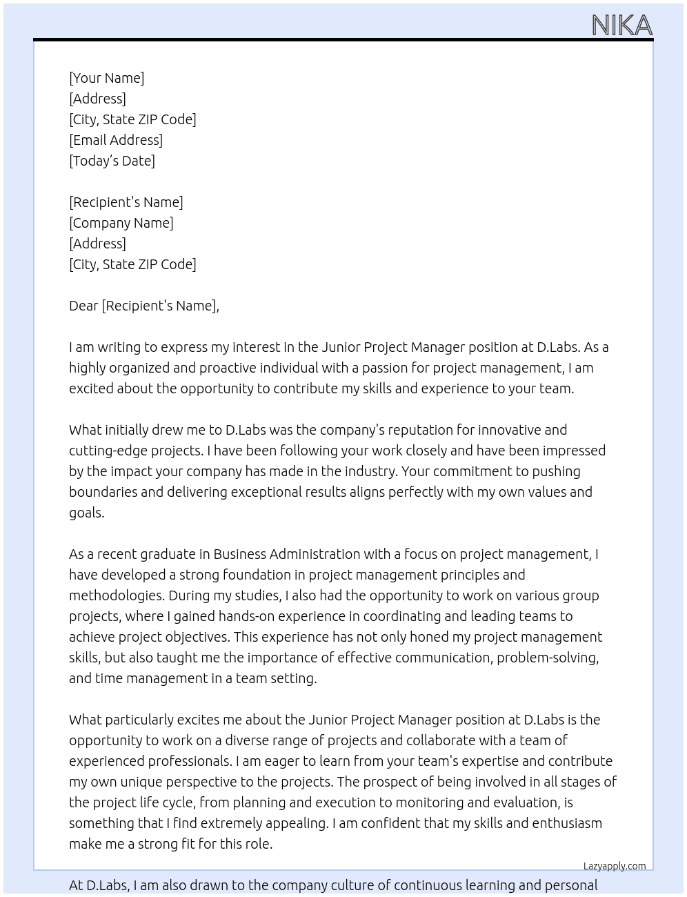 junior pm At d.labs Cover Letter