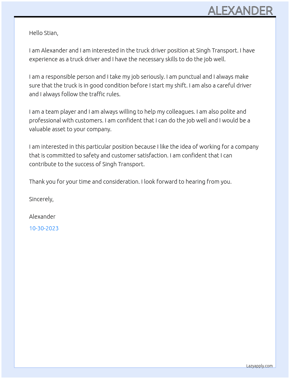 Truck driver At Singh transport  Cover Letter