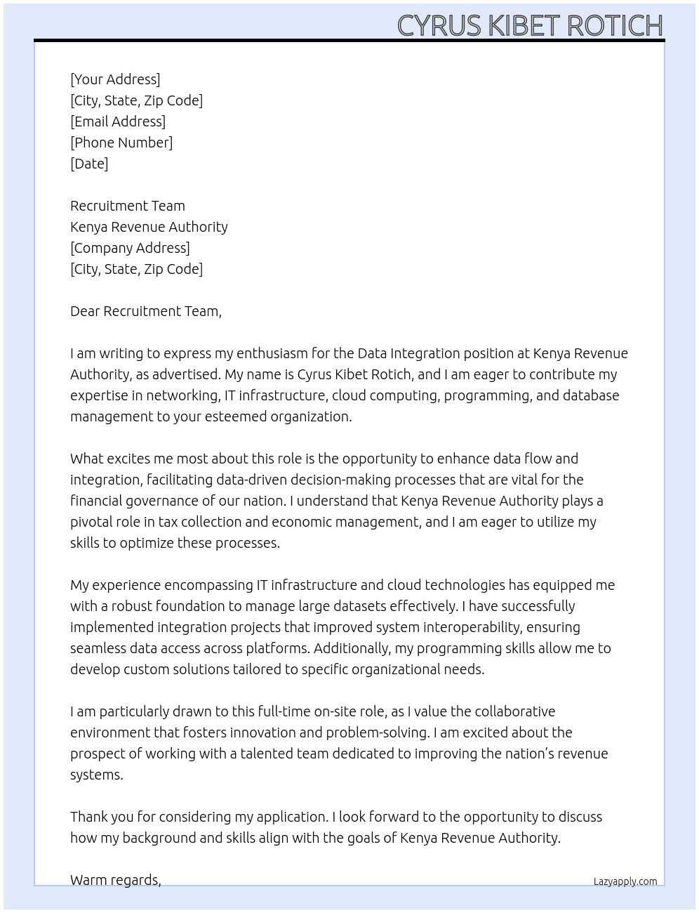 Cover letter for data intergration - LazyApply