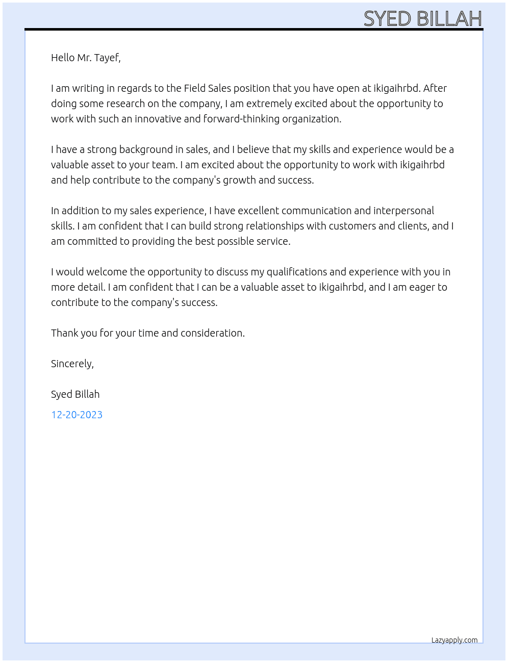 Field Sales At ikigaihrbd Cover Letter