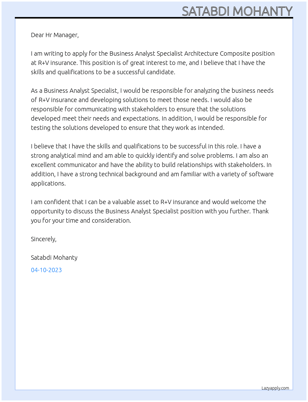 Business Analyst Specialist Architecture Composite At R+V insurance Cover Letter