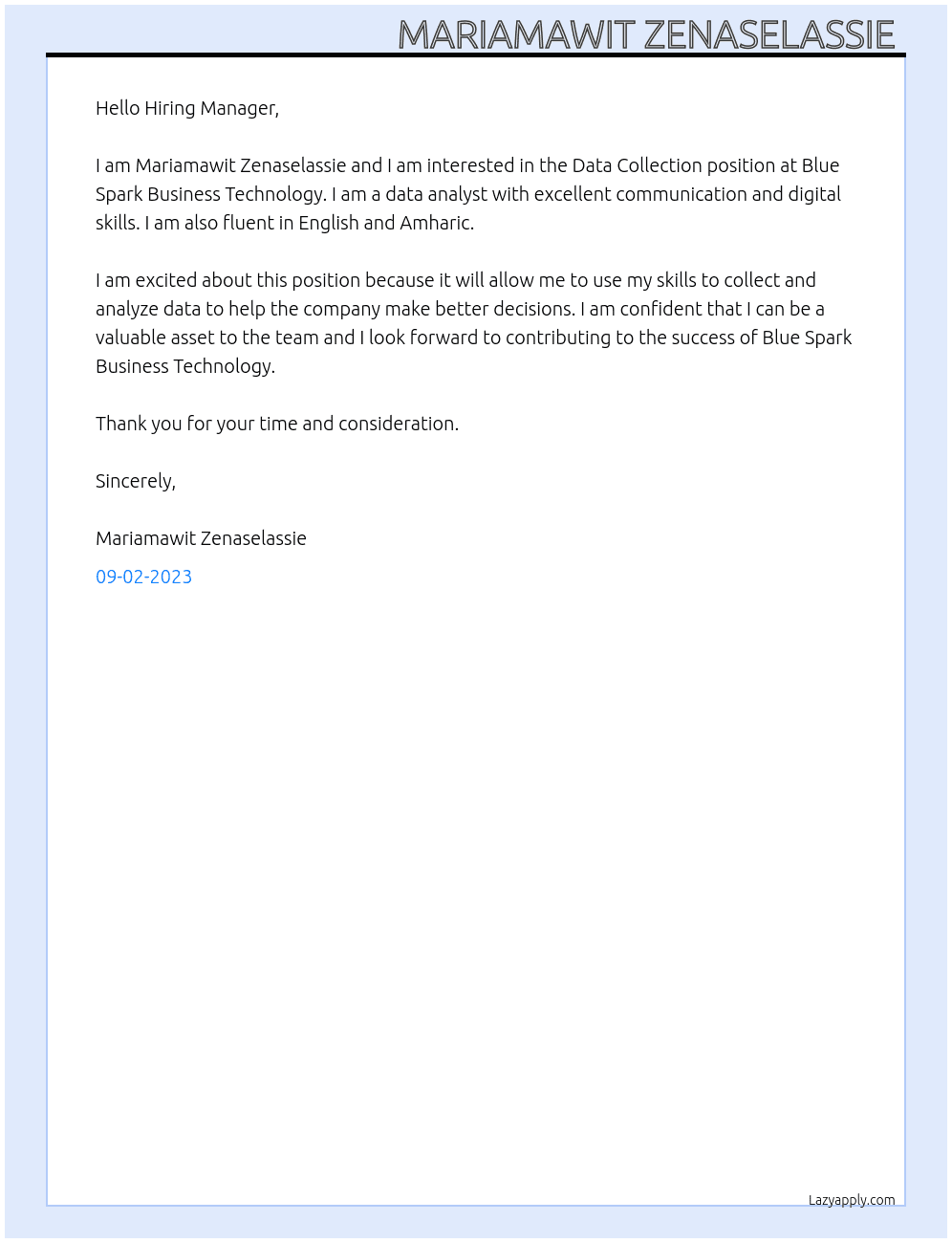 Data collection At Blue Spark Business Technology Cover Letter
