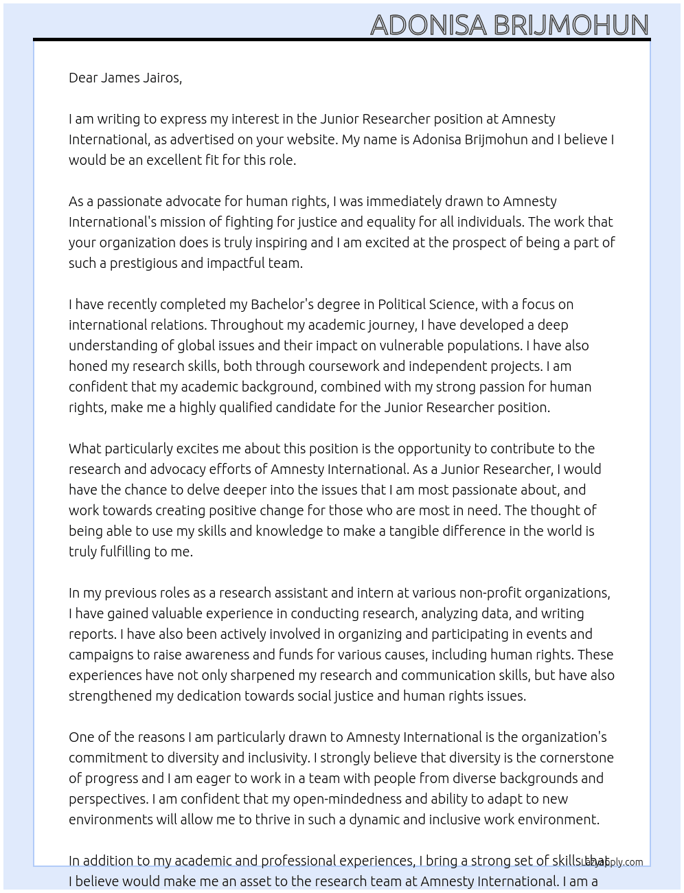 Junior researcher At Amnesty International Cover Letter