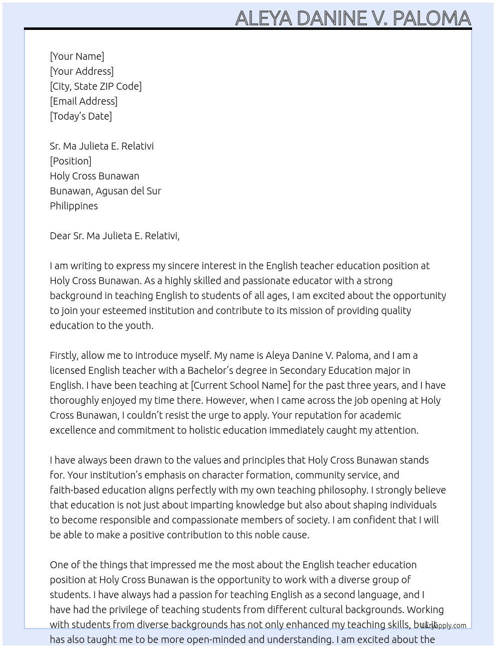 English teacher educatiom At Holy Cross Bunawan Cover Letter