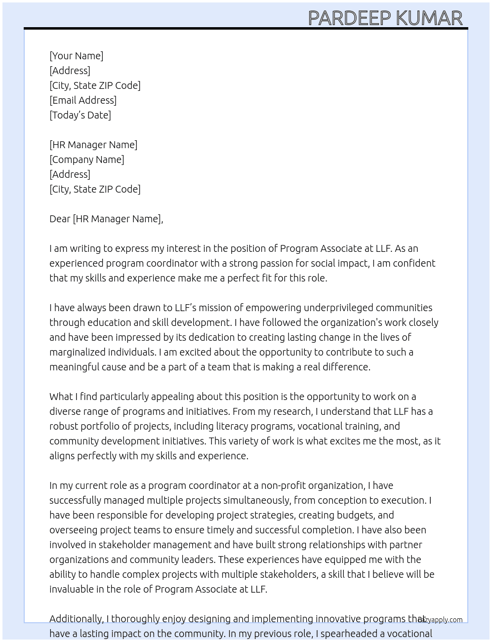 Program Associate At LLF Cover Letter