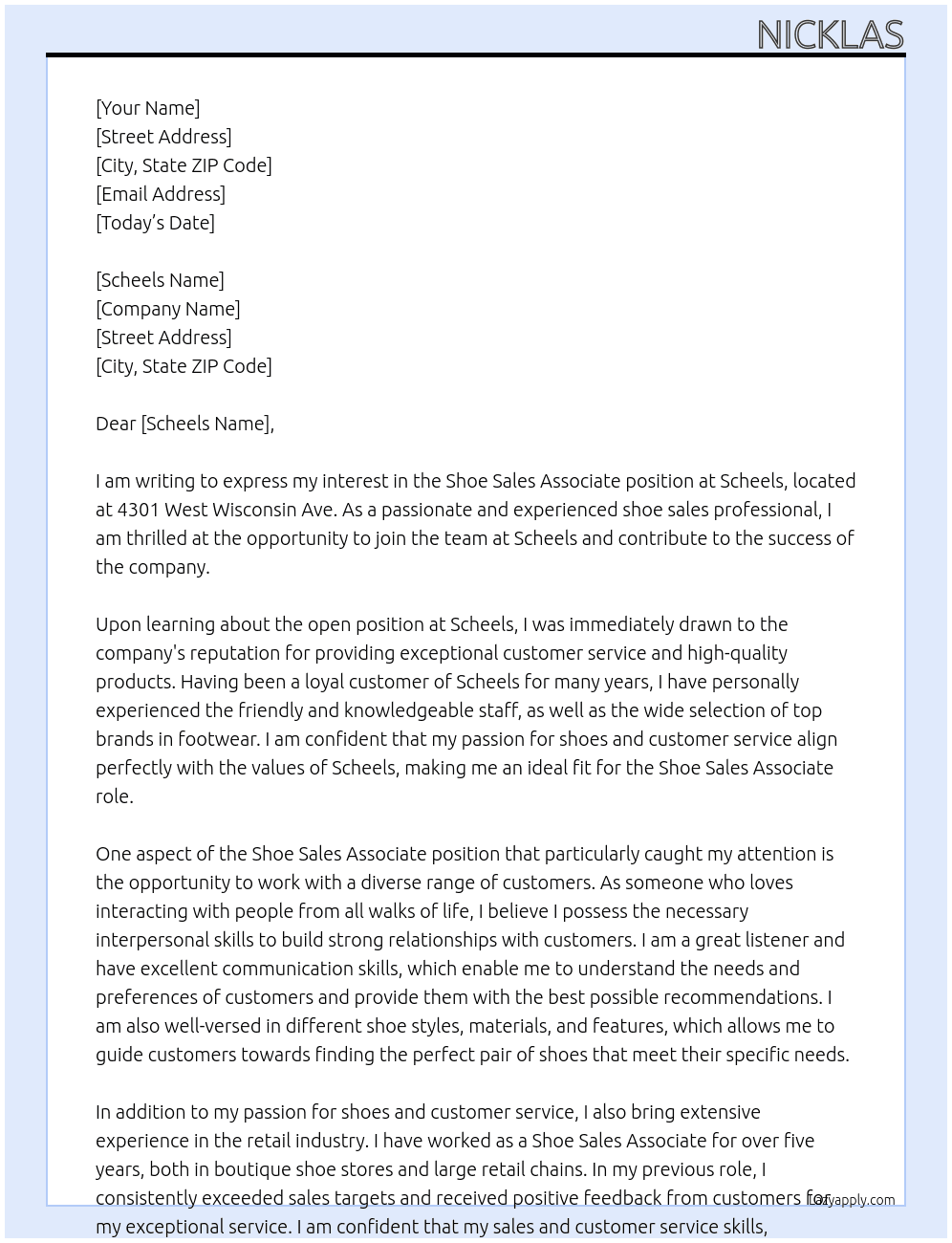 Shoe sales Associate At Scheels Cover Letter