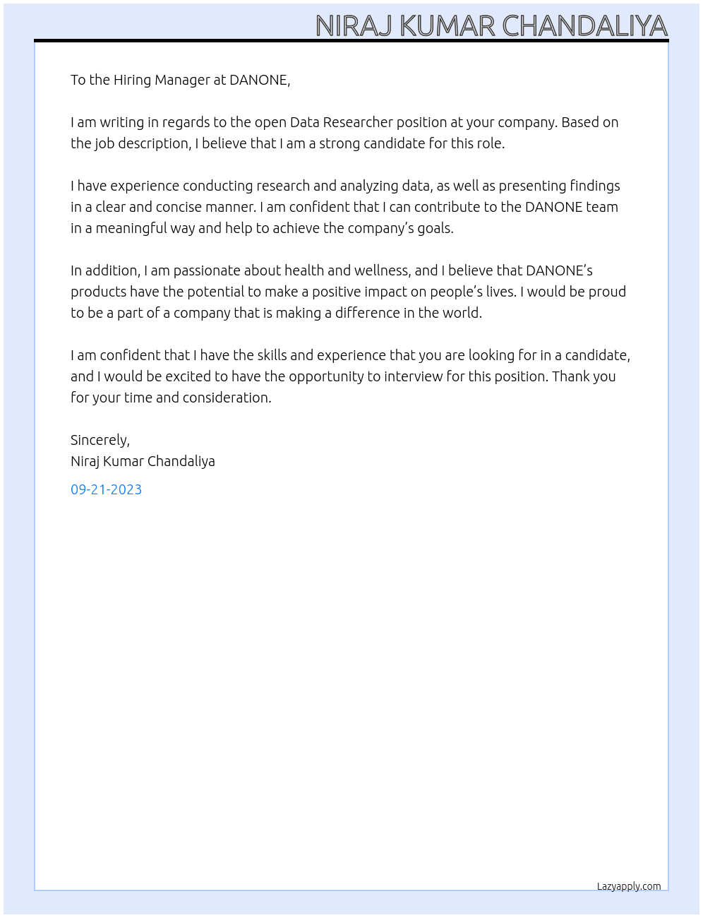 Data Researcher At DANONE Cover Letter