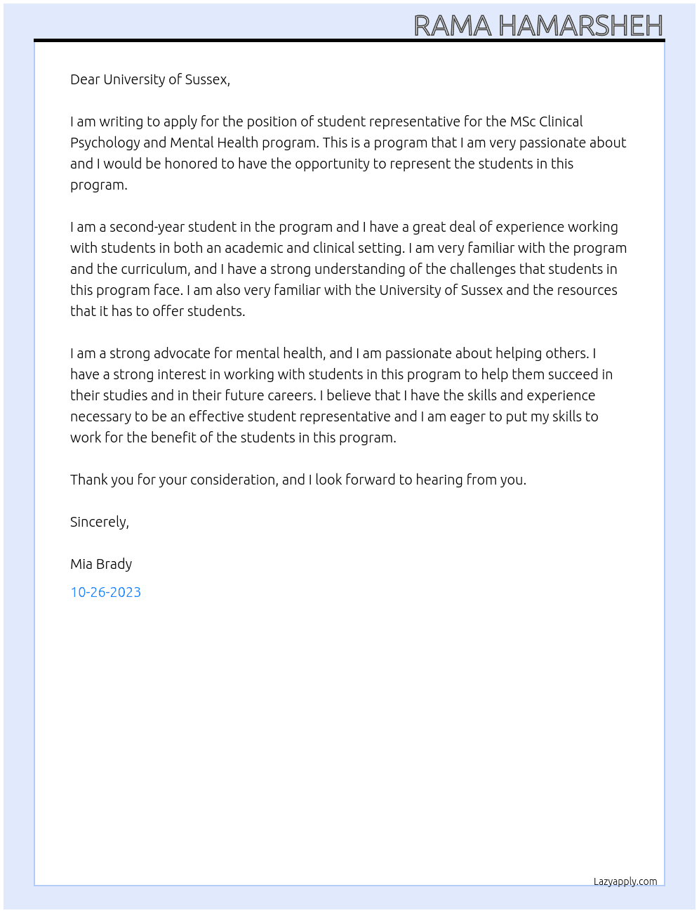 student representative for the MSc Clinical Psychology and Mental Health At University of Sussex Cover Letter