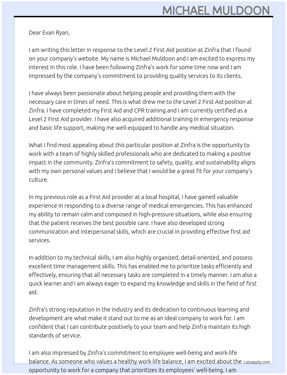 Level 2 First Aid At Zinfra  Cover Letter