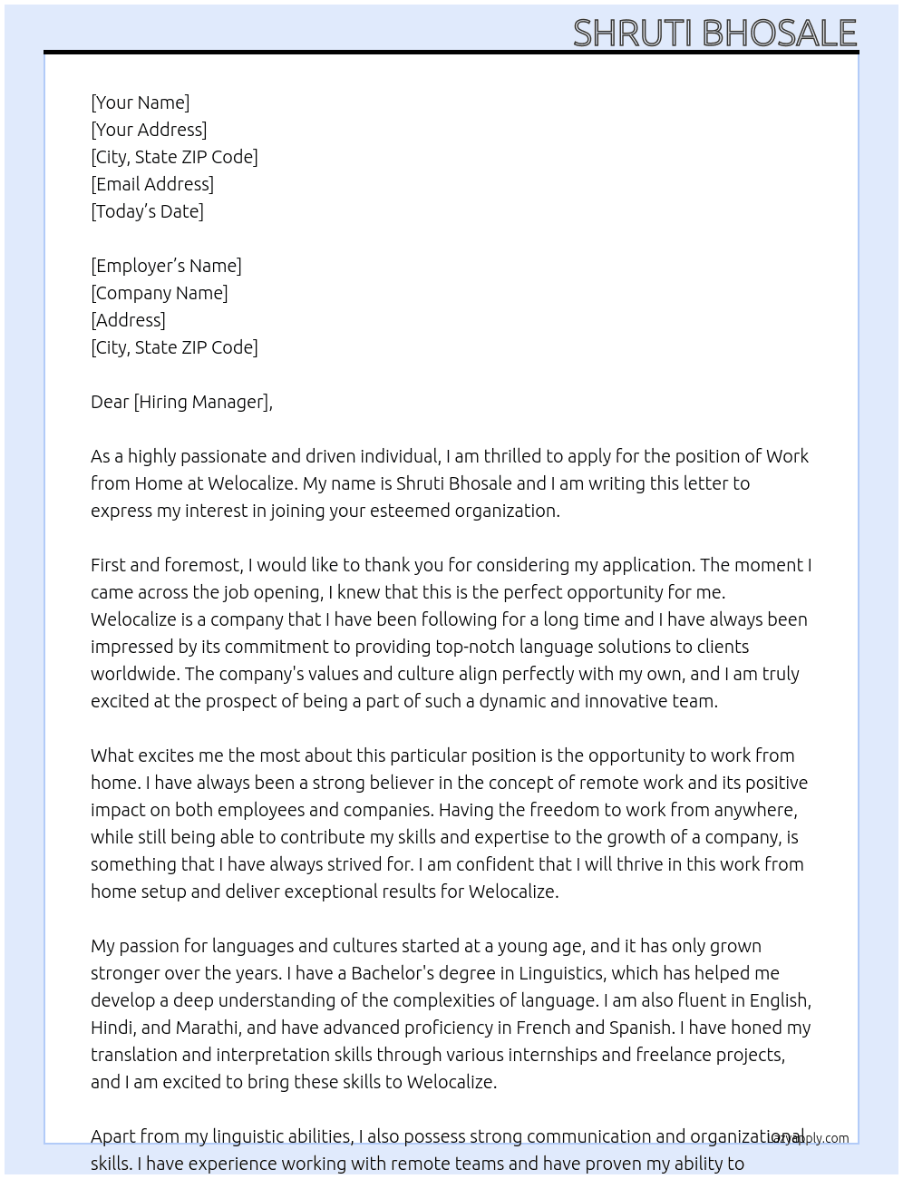 work from home At welocalize Cover Letter