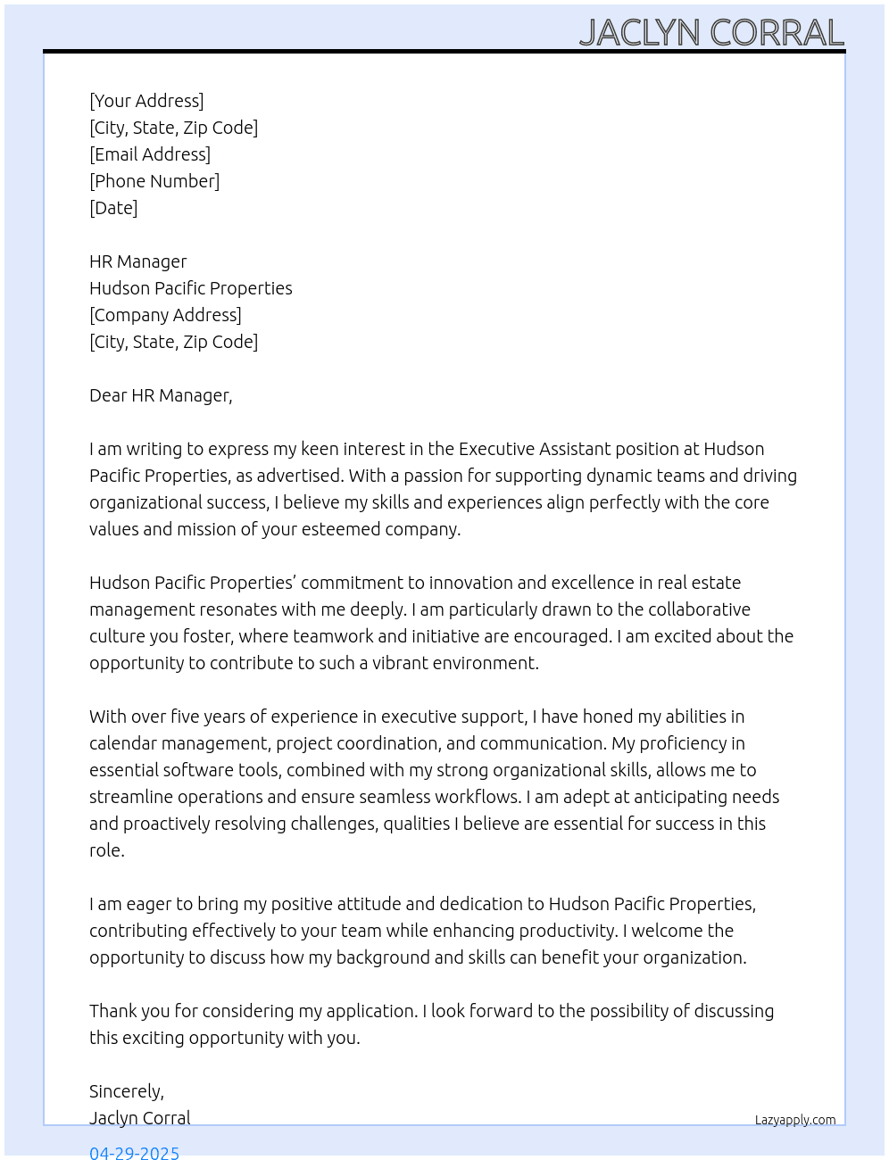 Executive Assistant  At Hudson Pacific Properties Cover Letter
