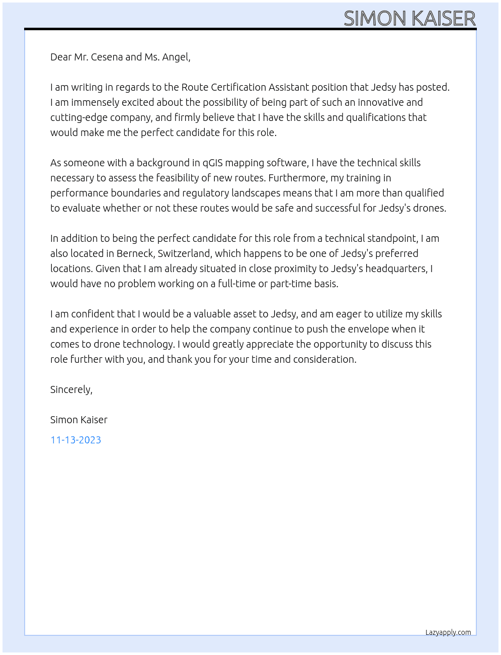 Route Certification Assistant At Jedsy Cover Letter