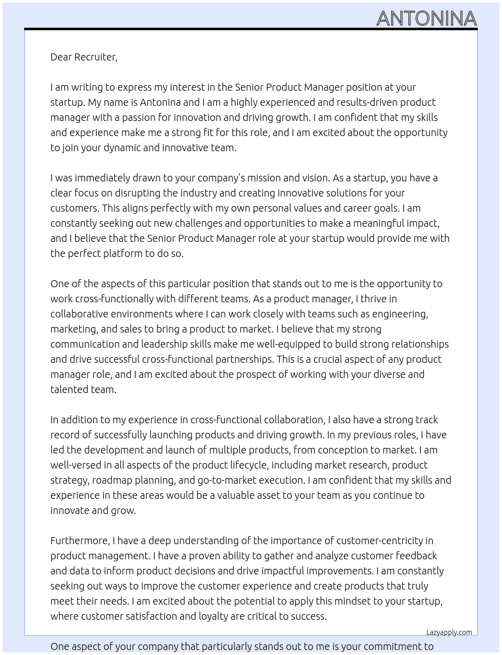 Senior Product Manager At startup Cover Letter