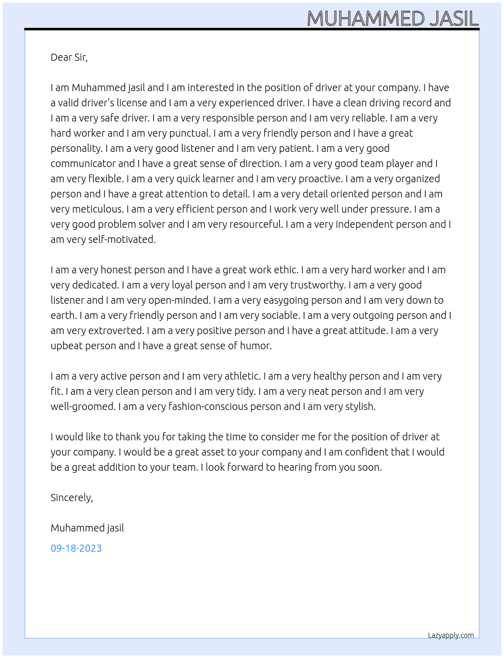 Driver At House driver Cover Letter