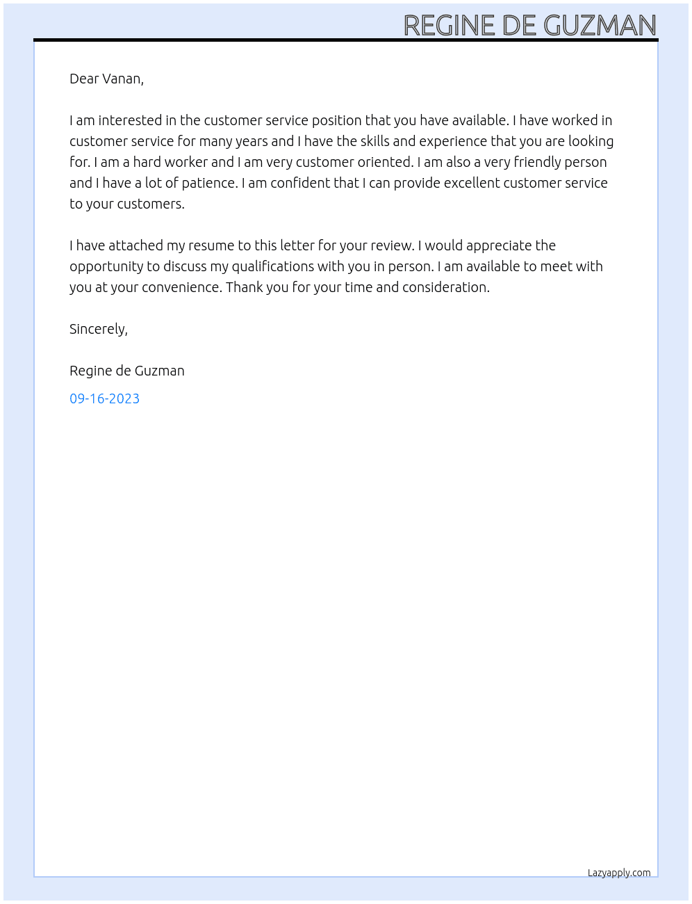 Customer Service At Vanan Cover Letter