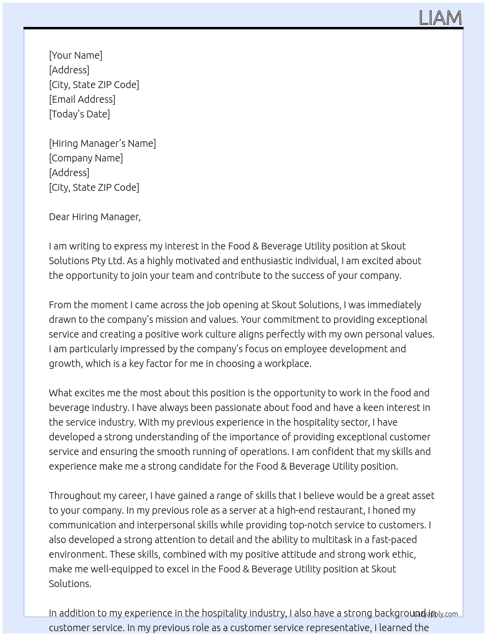 Food & Beverage Utility At Skout Solutions Pty Ltd Cover Letter