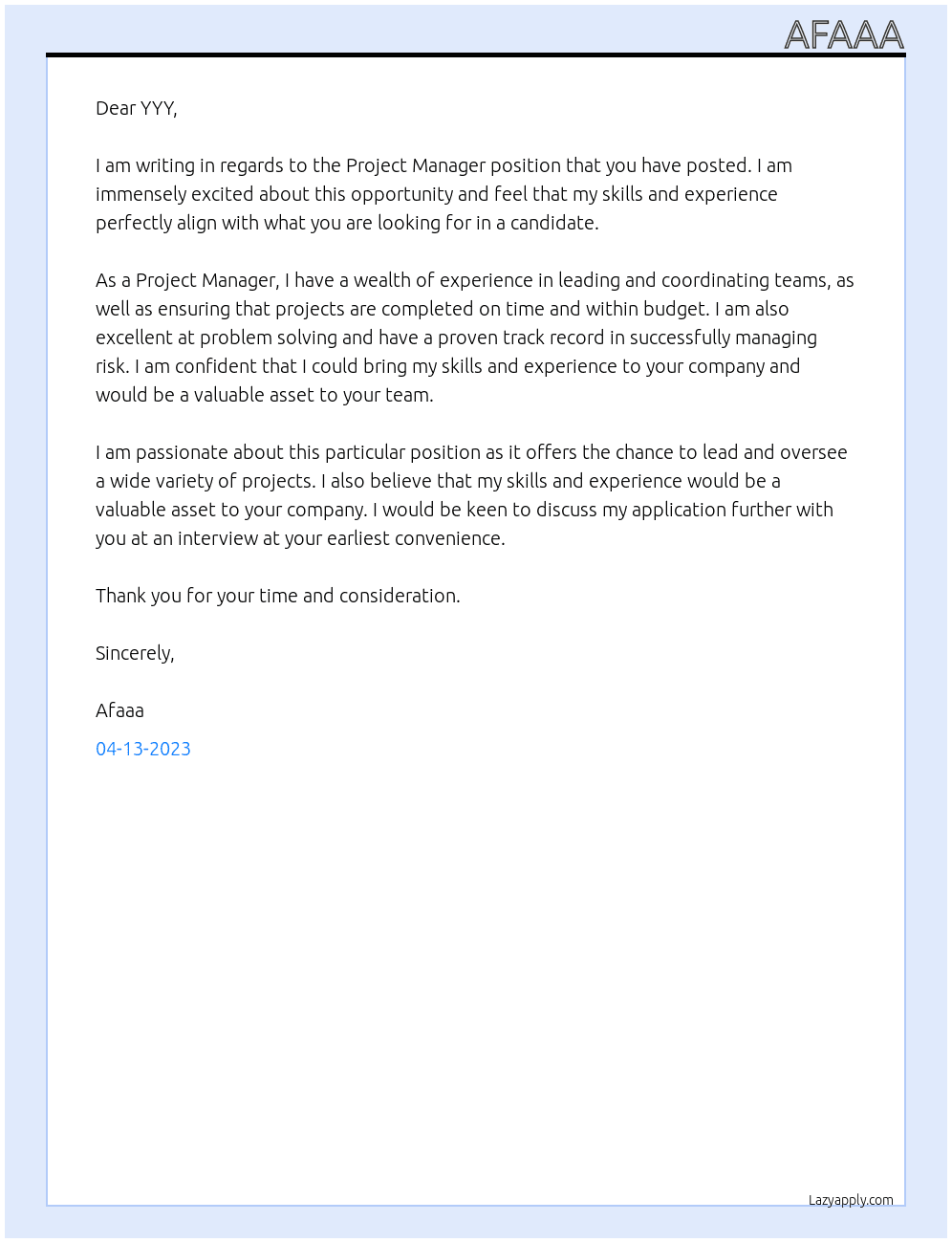 PROJECT MANAGER At YYY Cover Letter