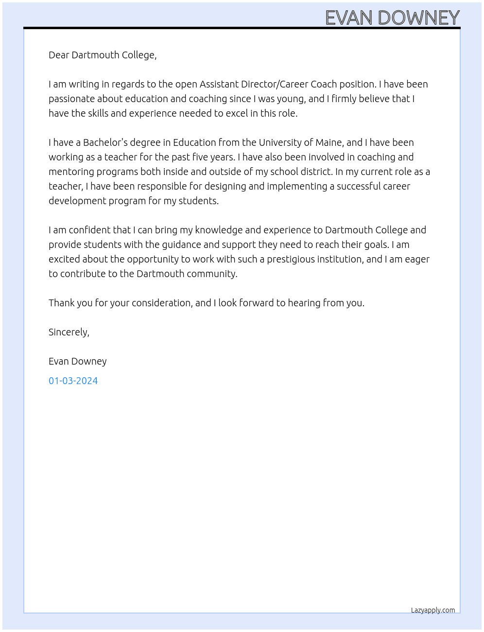Assistant Director/Career Coach At Dartmouth College Cover Letter
