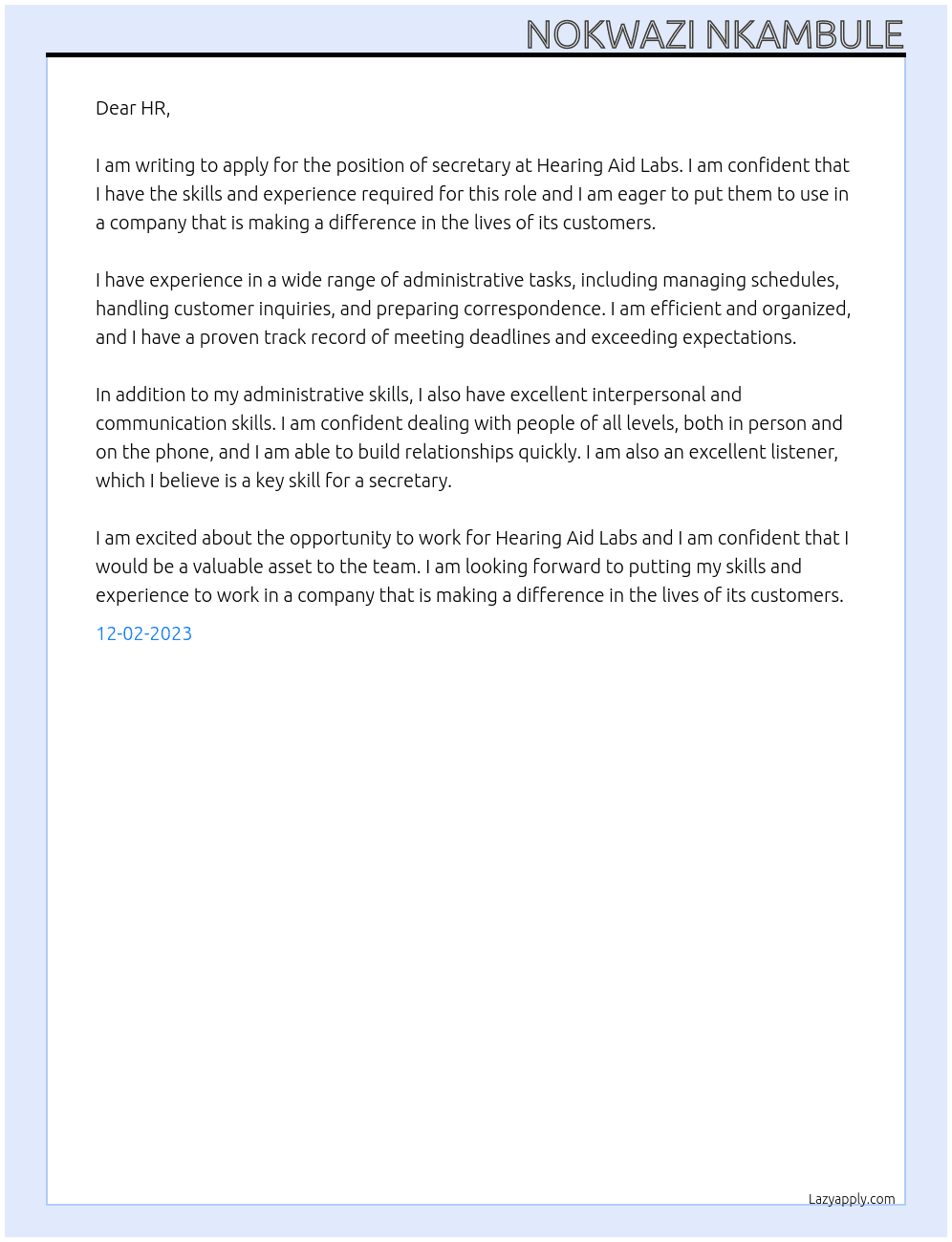 secretary At hearing aid labs Cover Letter