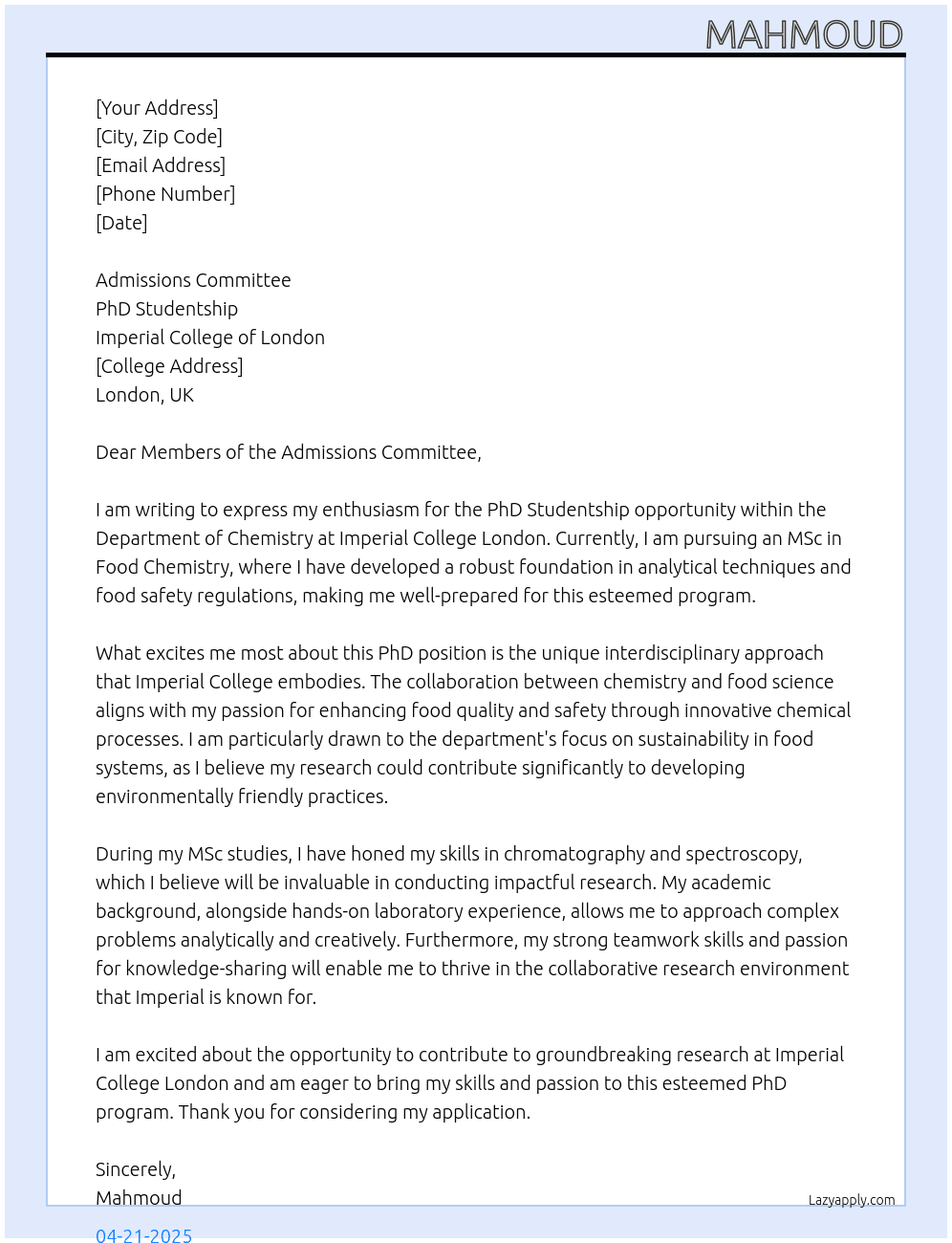 PhD Studentship  At PhD Studentship  Cover Letter