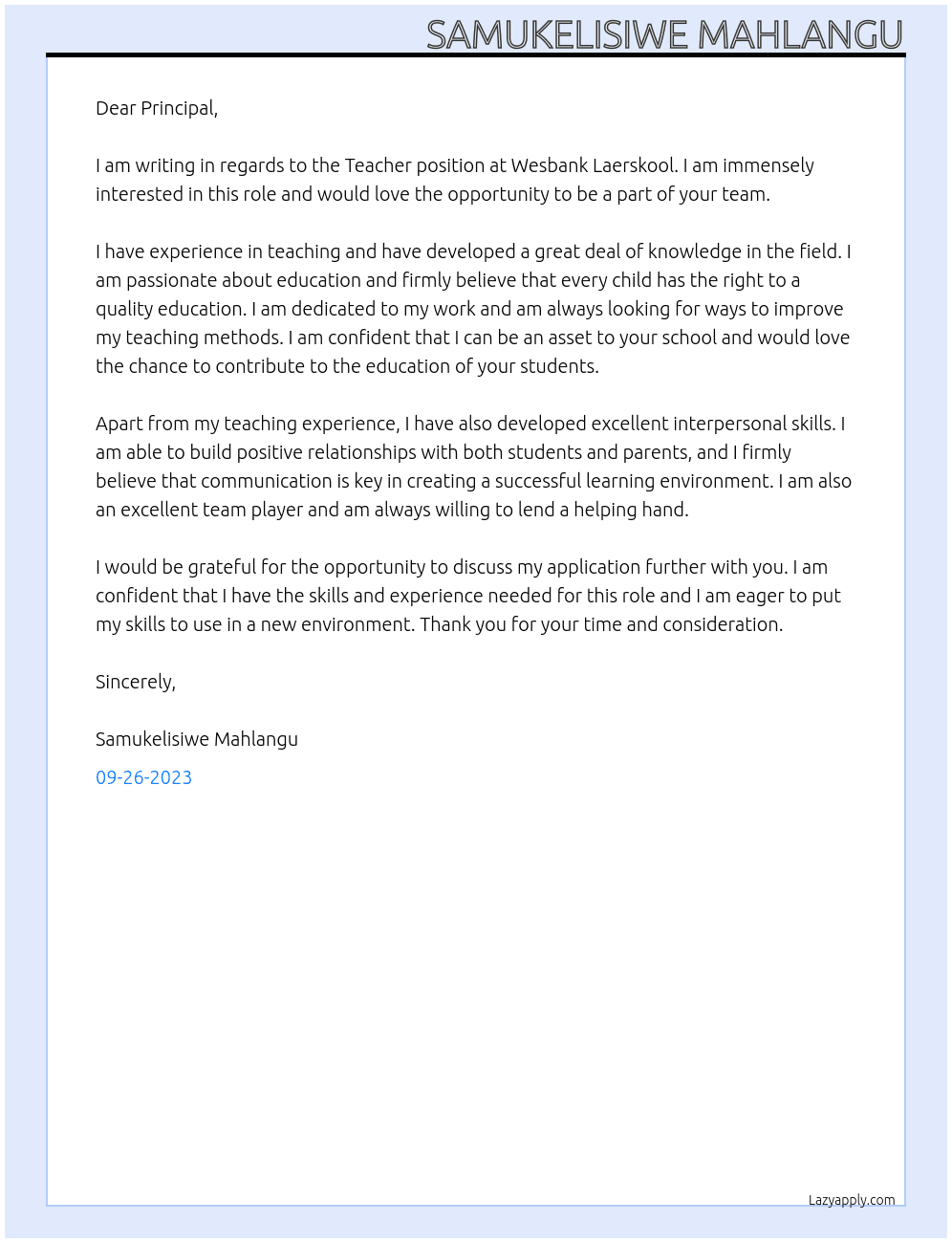 Teacher At Wesbank Laerskool Cover Letter