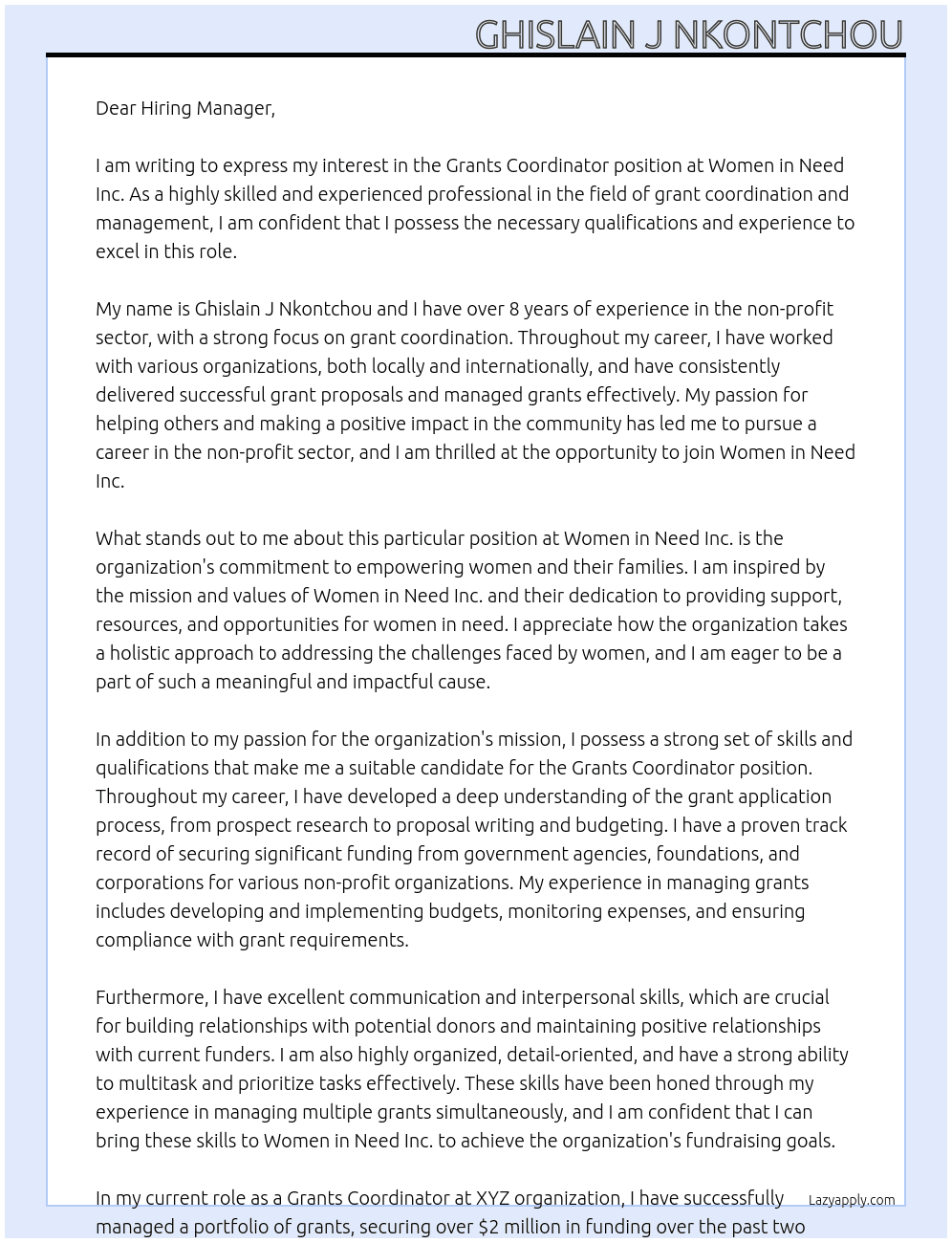 Grants Coordinator At Women in Need Inc. Cover Letter