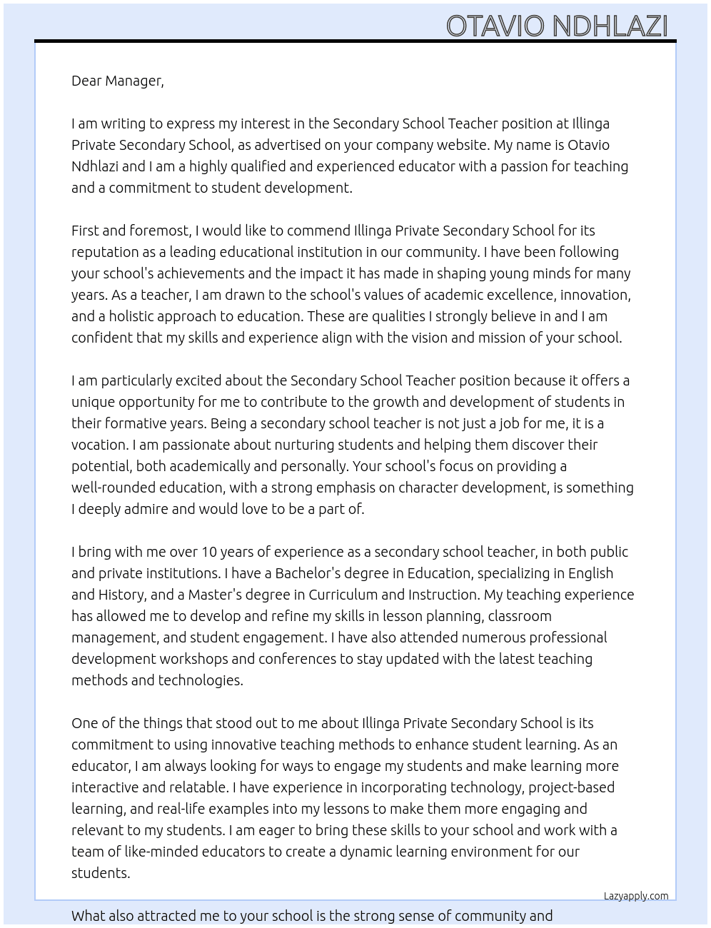 Secondary school teacher  At Illinga private secondary school  Cover Letter
